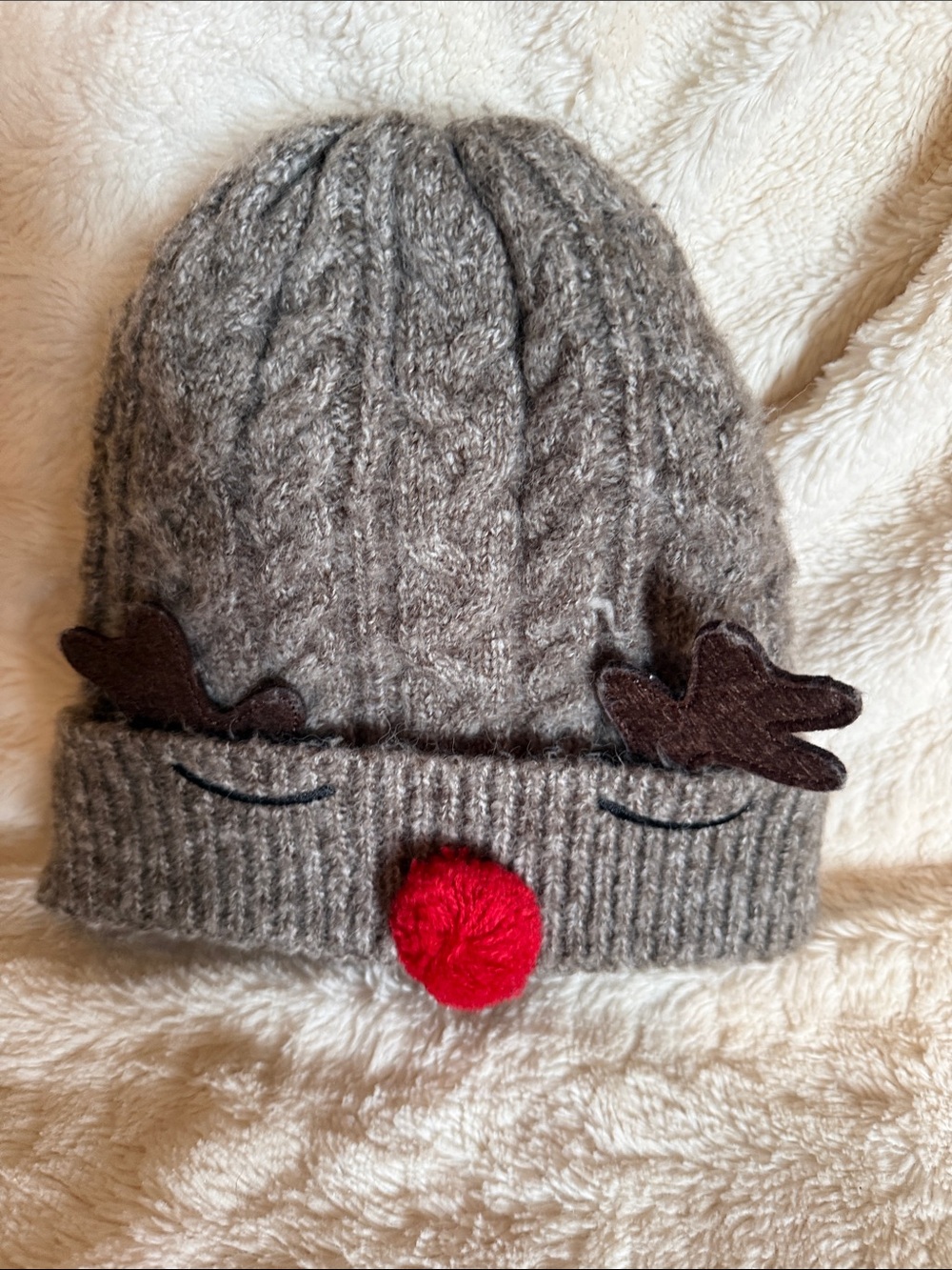 Barnes & Noble Gray Kids Reindeer Knit Hat with Red Pom